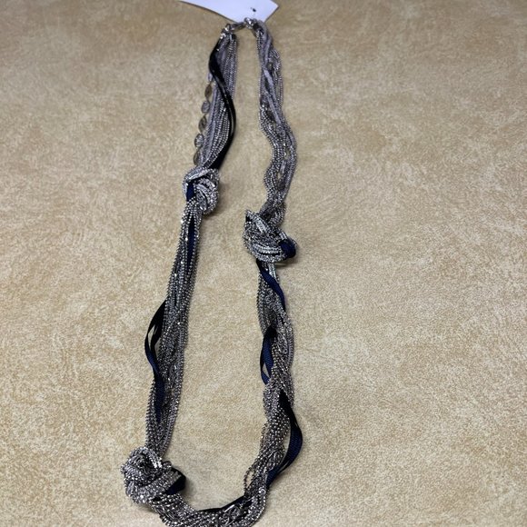 NWT! Loft Silver and Navy Fabric Knot Necklace - 29 inches - Picture 1 of 3